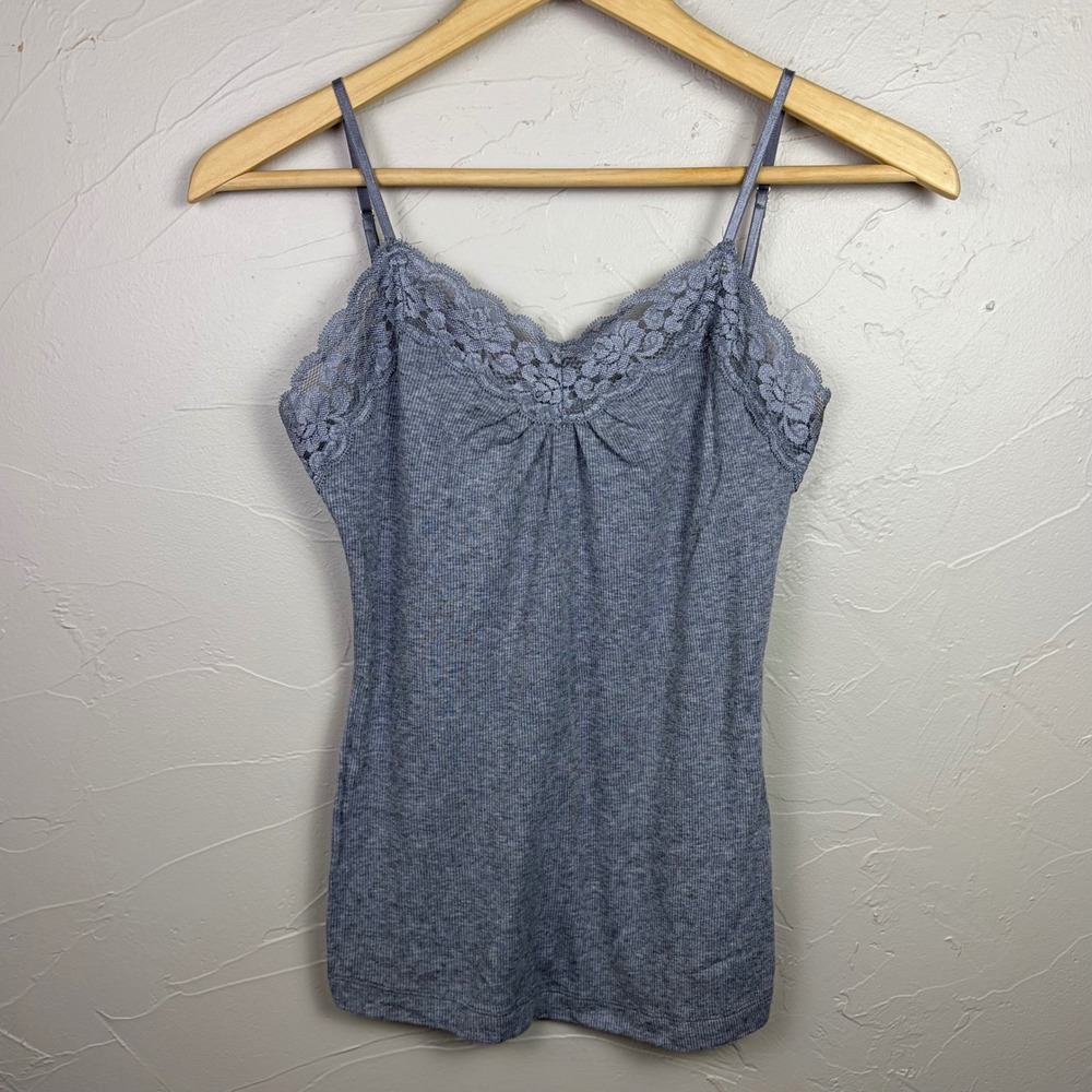 Y2K Babydoll Lace Trim Cami Size Small Grey Fitted 90's Ribbed Preppy V Neck